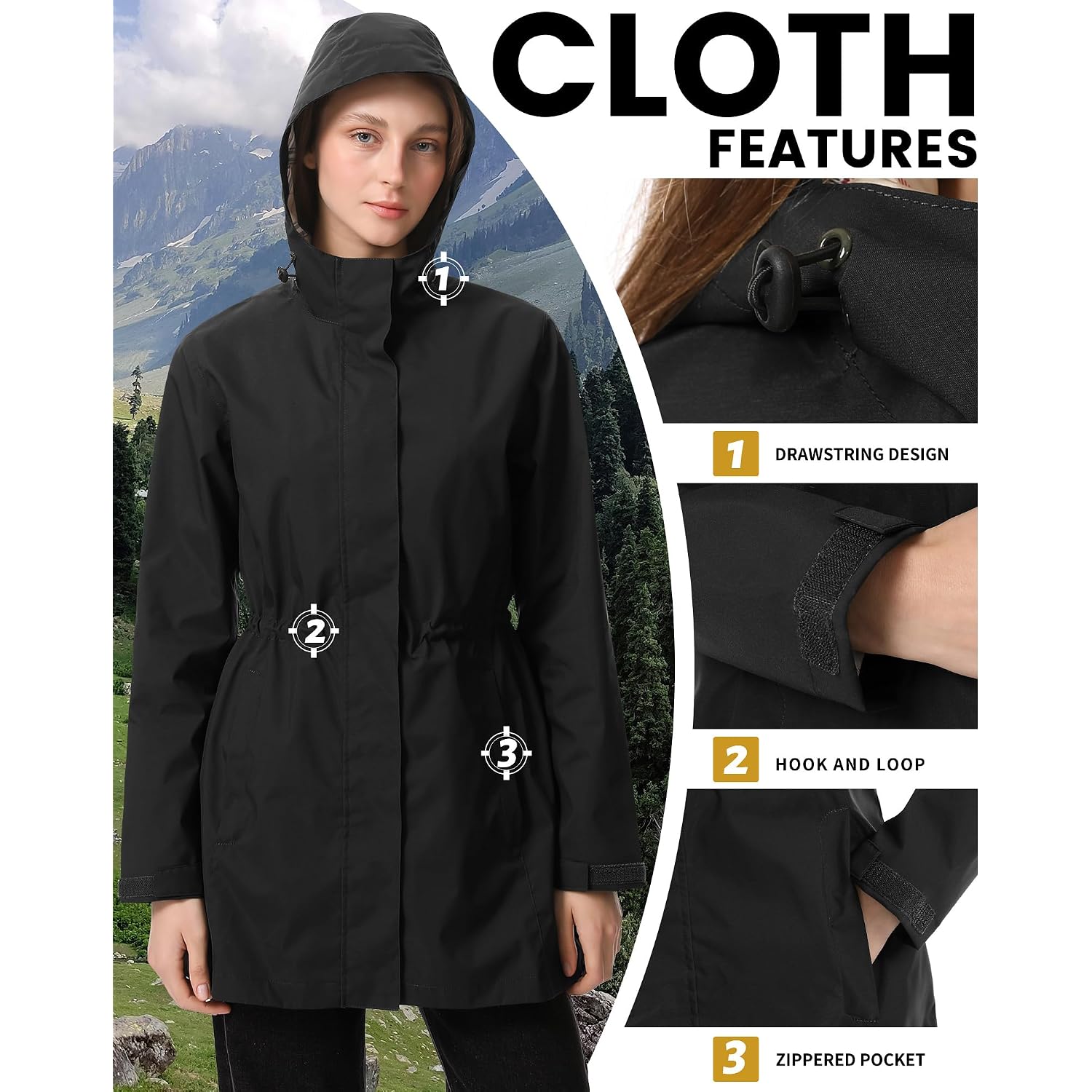 Women'S Rain Jacket Packable Long Raincoat Hooded Plaid Lined Trench Coat Waterproof Windproof Lightweight For Outdoor