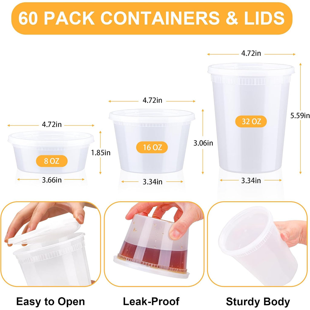 60 Sets Deli Containers With Lids, 32/16/8 Oz X 20 Set Each, Leak-Proof & Bpa Free Airtight Stackable Takeout Plastic Food Storage Containers, Freezer/Microwave/Dishwasher Safe
