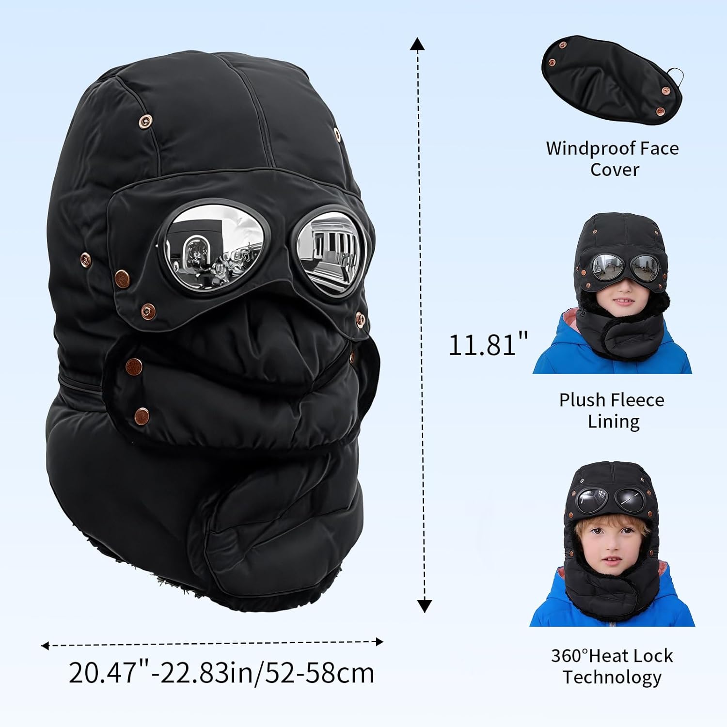 Winter Thermal Hat with Glasses, Trapper Hat for Men with Mask Pilot Face Ski Goggles Built in, Adjustable and Glasses
