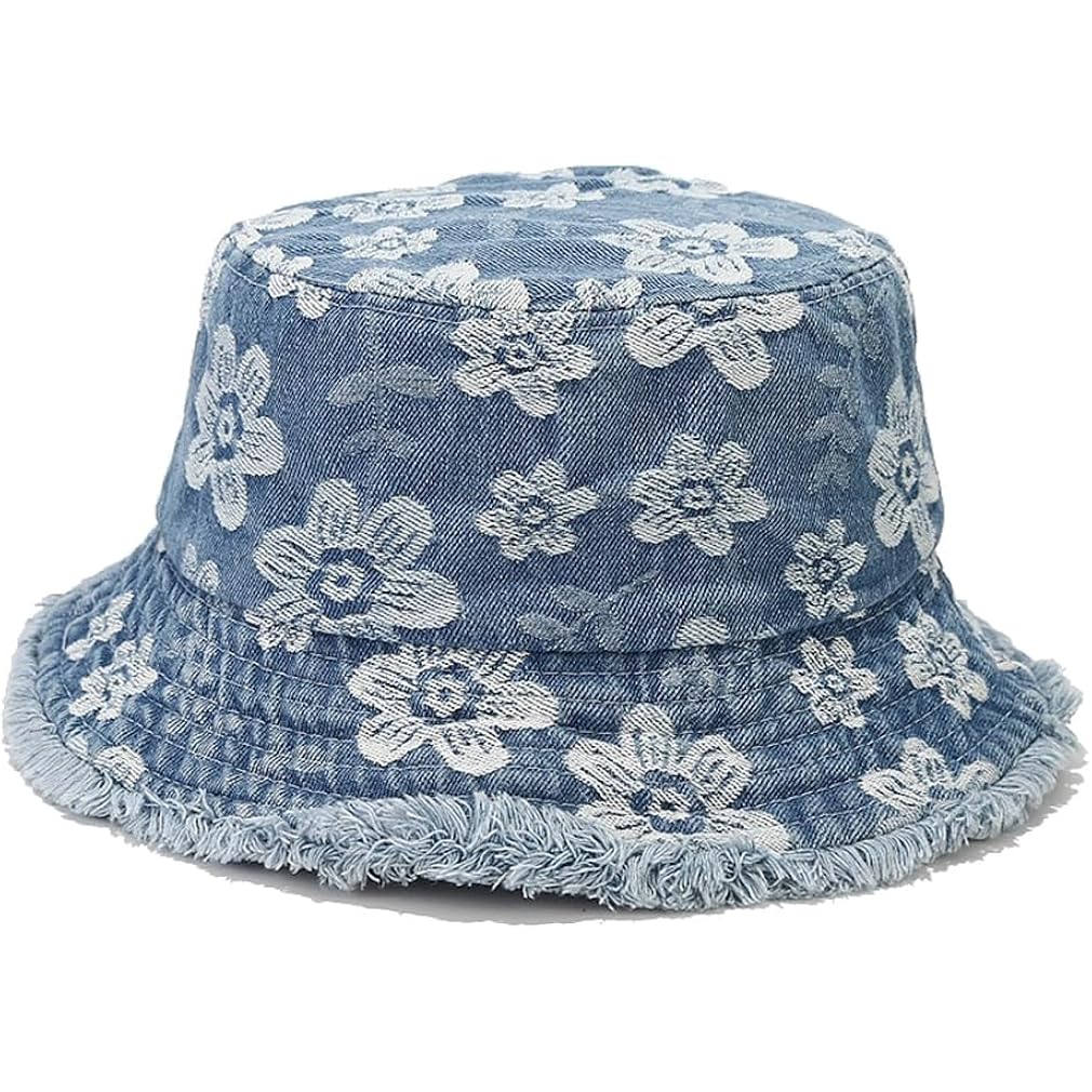 Frayed Unisex Sun Hats, Fashion Beach Bucket Hat for Men Women,Summer Outdoor Boy's Girls Boonie Cap Denim Floral L.blue