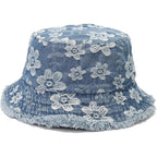 Frayed Unisex Sun Hats, Fashion Beach Bucket Hat for Men Women,Summer Outdoor Boy's Girls Boonie Cap Denim Floral L.blue