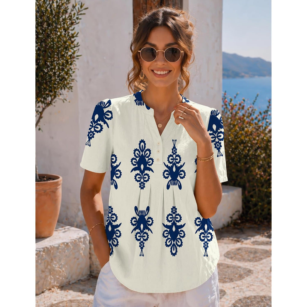 LOMON Womens Summer Tops Boho V Neck Pleated Blouses Dressy Casual Short Sleeve Shirts Vacation Outfits
