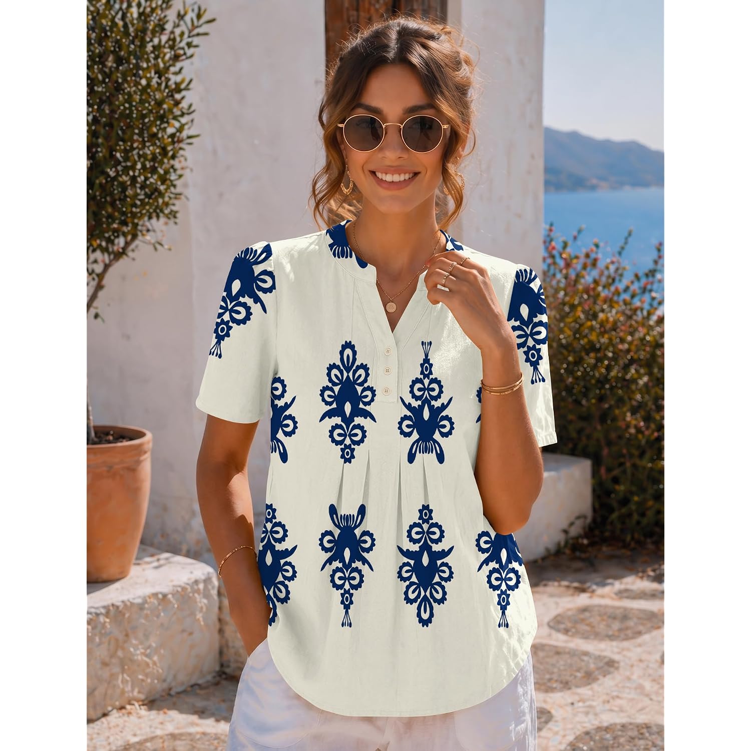LOMON Womens Summer Tops Boho V Neck Pleated Blouses Dressy Casual Short Sleeve Shirts Vacation Outfits