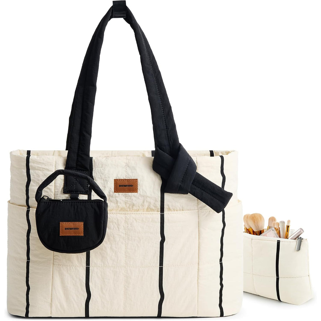 Showkoo Puffer Tote Bag For Women, Lightweight Quilted Tote Handbag With Mini Pouch, Nurse Bag For Travel College & Daily Use