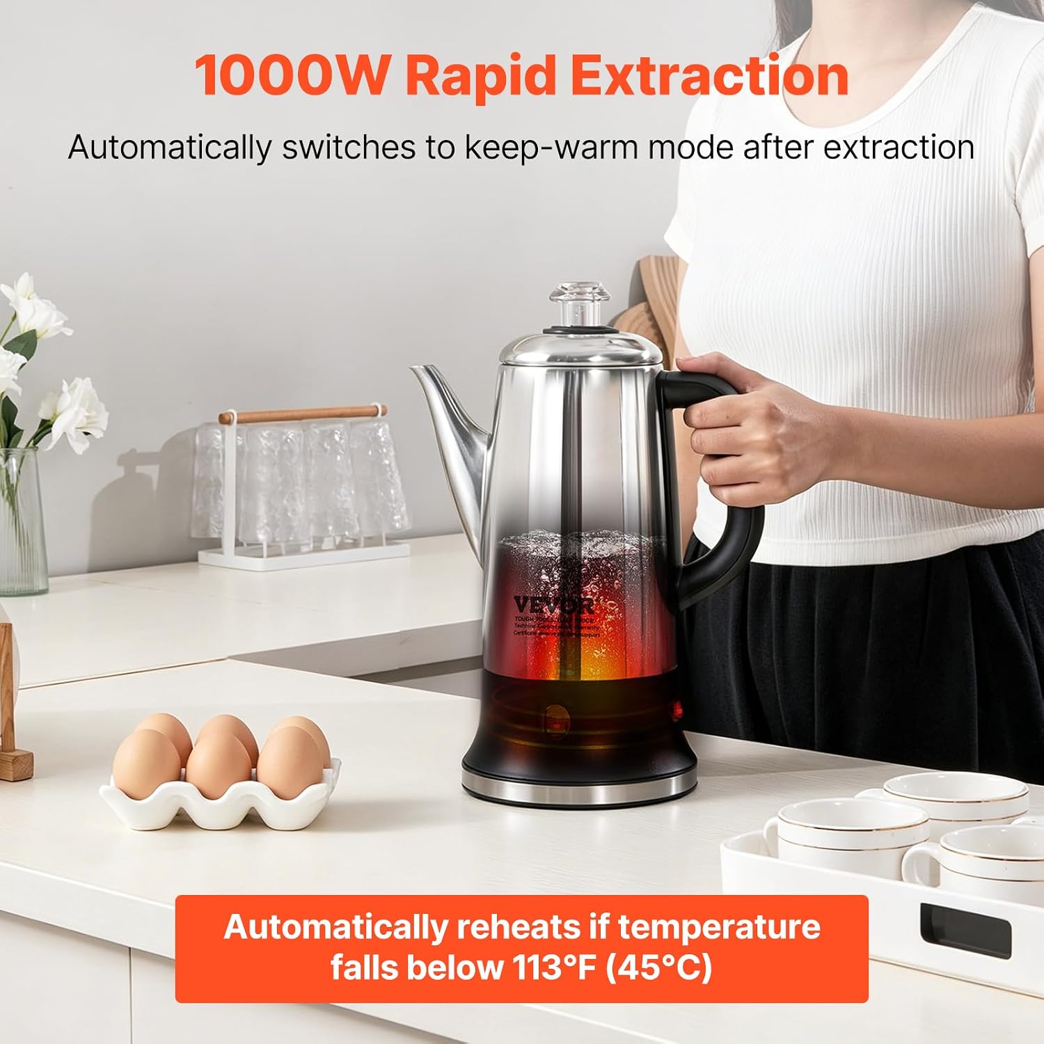 Vevor 12-Cup Electric Percolator Coffee Pot, 304 Stainless Steel Body Coffee Percolator With Keep Warm Function & Heat-Resistant Handle, Classic Coffee Maker, Quick Brew & Easy-Pour Spout, Silver