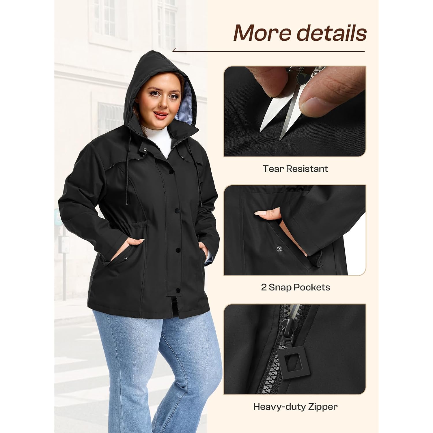 Saphirose Women'S Plus Size Rain Jacket Waterproof Rain Coat | Raincoat, Windbreaker, Lightweight, With Hood, Lining, Drawstring Waist, Snap Pockets, Daily Wear, Hiking, Outdoor, Travel