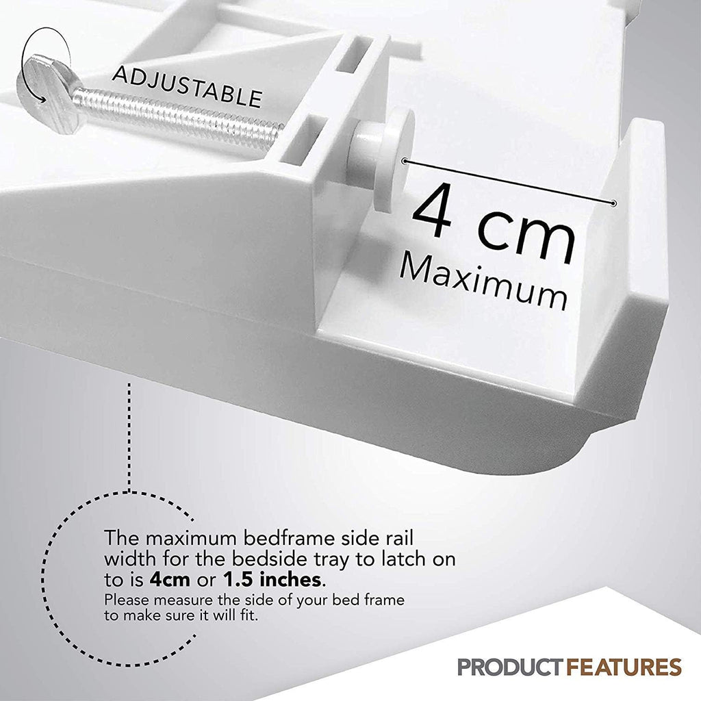 Modern Innovations Bedside Shelf For Bed, College Dorm Room, Bunk Bed Shelf/Caddy For Top Bunk, Clip On Nightstand Tray With Cord And Cup Holder For Table Storage (White)