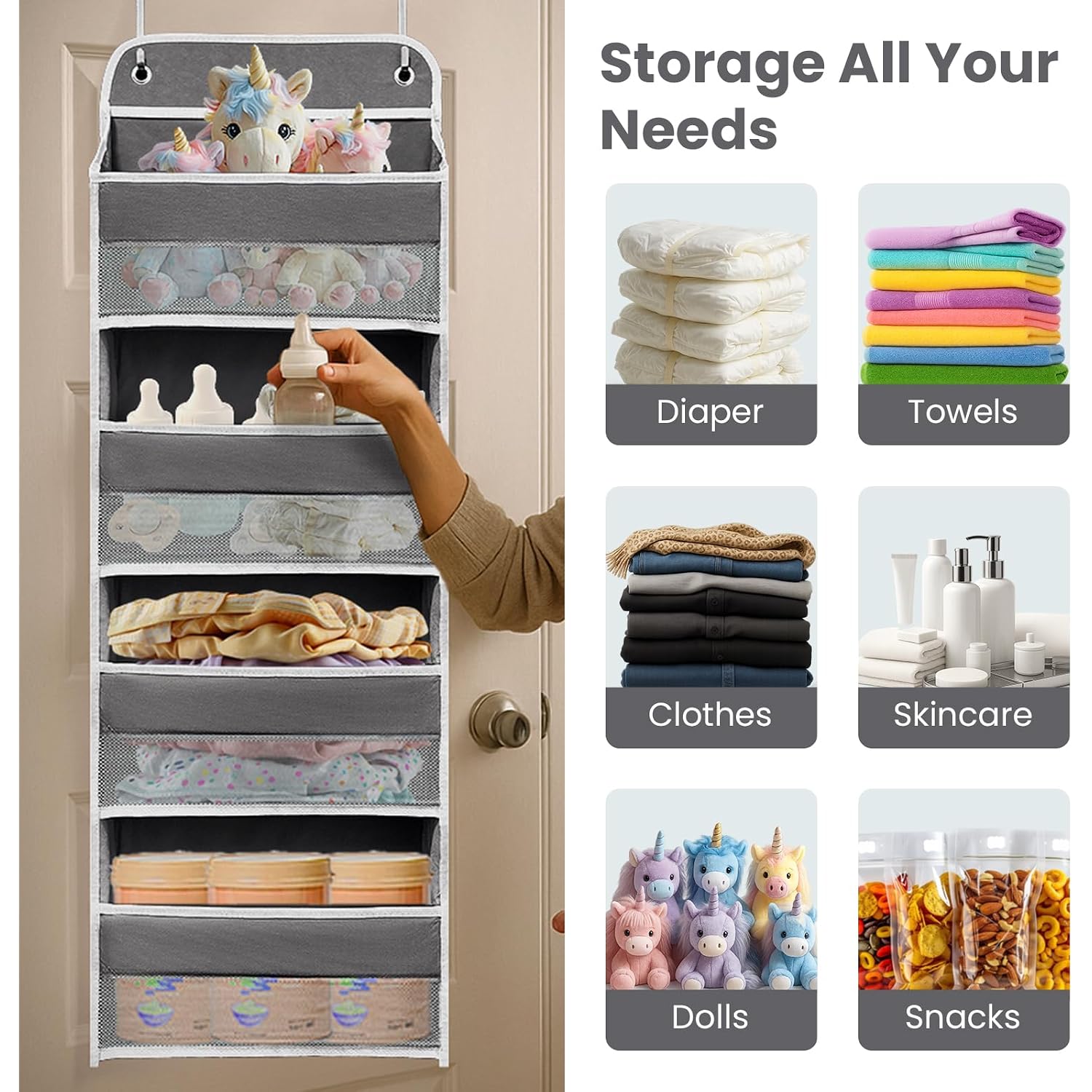 Over The Door Organizer With Lifetimewarranty, 4 Shelves & 4 Side Pockets, Large Storage Rack Holds 44Lb, Heavy-Duty Reinforced Mesh Shelf For Bathroom, Closet, Toy Organization, Shoes, Towels, Grey