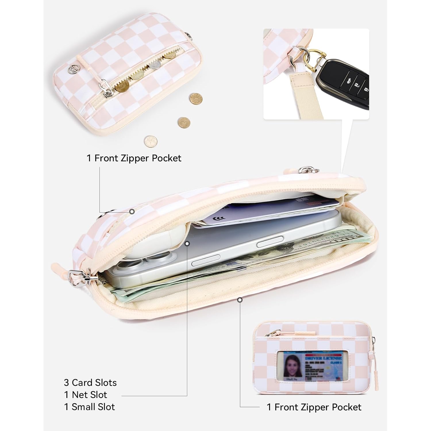 BOSTANTEN Wristlet Wallets for Women RFID Checkered Wallet with ID Window Nylon Wristlet Purse with 3 Zippers