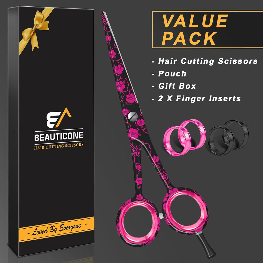 BEAUTICONE ® Hair Cutting Scissors - High Carbon SS 6.5" Professional Barber-Grade Salon Shears with Serrated & Razor Edge - Black Premium Gift Box with Leather Pouch & Extra Accs - Ultra Lightweight