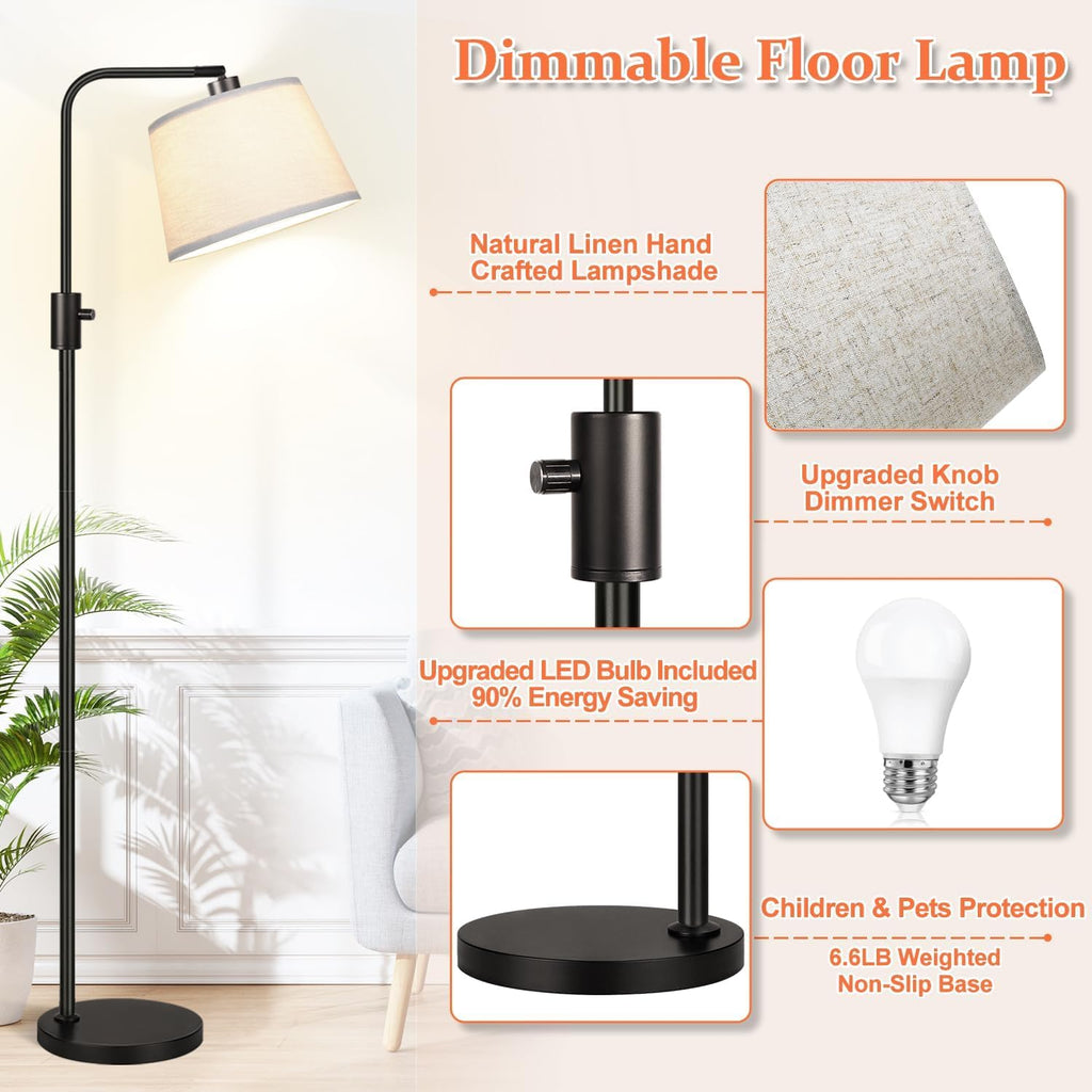 【Upgraded】 Dimmable Floor Lamp, 1000 Lumens Led Edison Bulb Included, Arc Floor Lamps For Living Room Modern Standing Lamp With Linen Shade, Tall Lamp For Bedroom Office Dining Room- Black