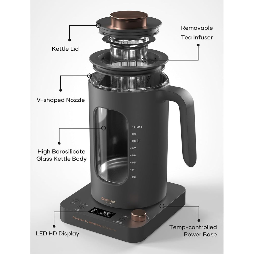 Electric Tea Kettle, Intasting Glass Electric Kettle With Tea Infuser And Precise Knob Temperature Control, 1200W Fast Heating, Bpa-Free, Easy To Clean, 1 Liter (Dark Gray)