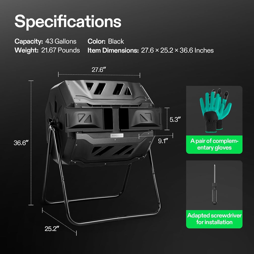Vivosun Outdoor Tumbling Composter Dual Rotating Batch Compost Bin, 43 Gallon Black Door
