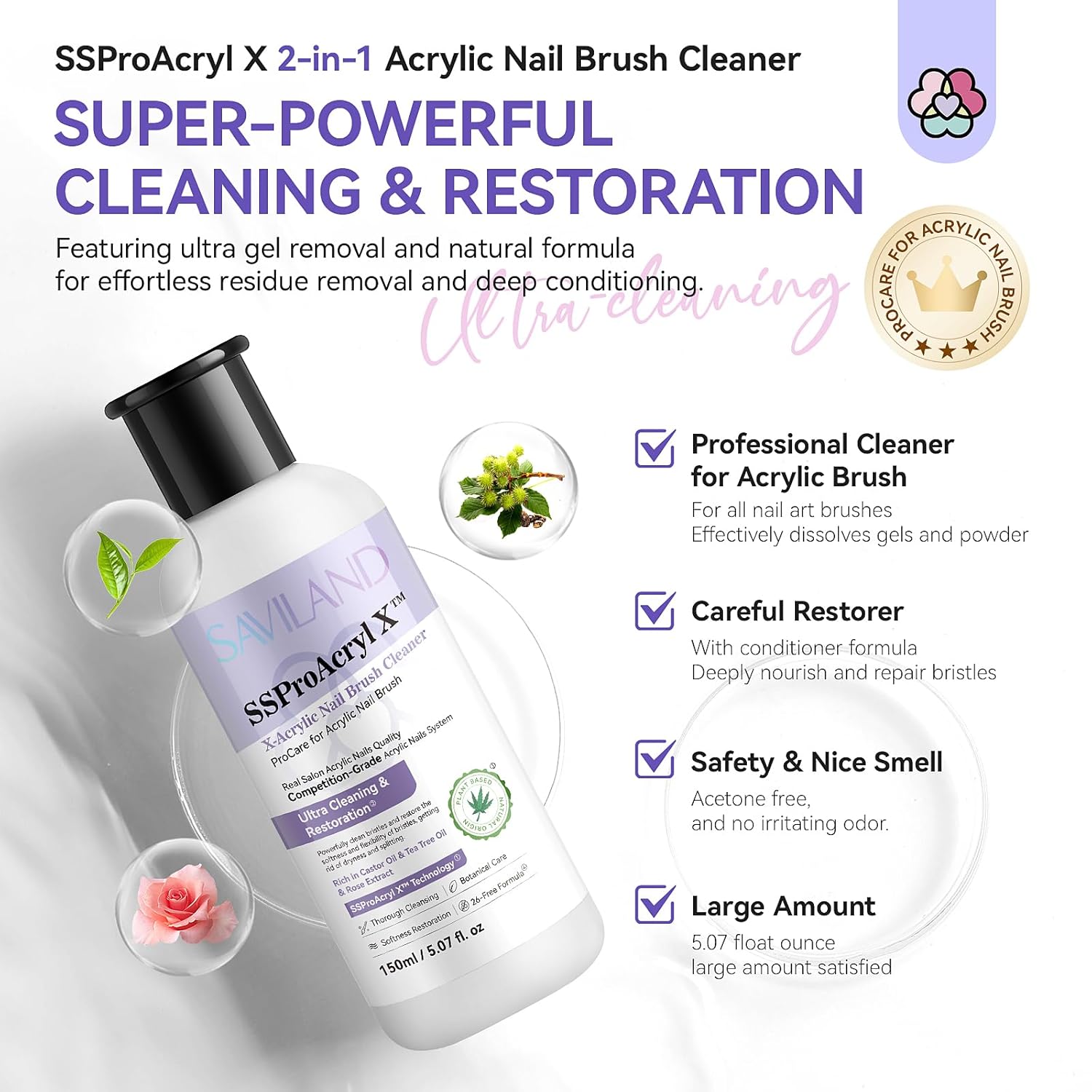 SAVILAND Acrylic Nail Brush Cleaner: 5 OZ Large Capacity Acrylic Brush Cleaner Castor Oil Nail Brush Cleaner Conditioner Restorer with Nail Cleaning Pads & Dappen Dish for Acrylic Nails Home Salon DIY