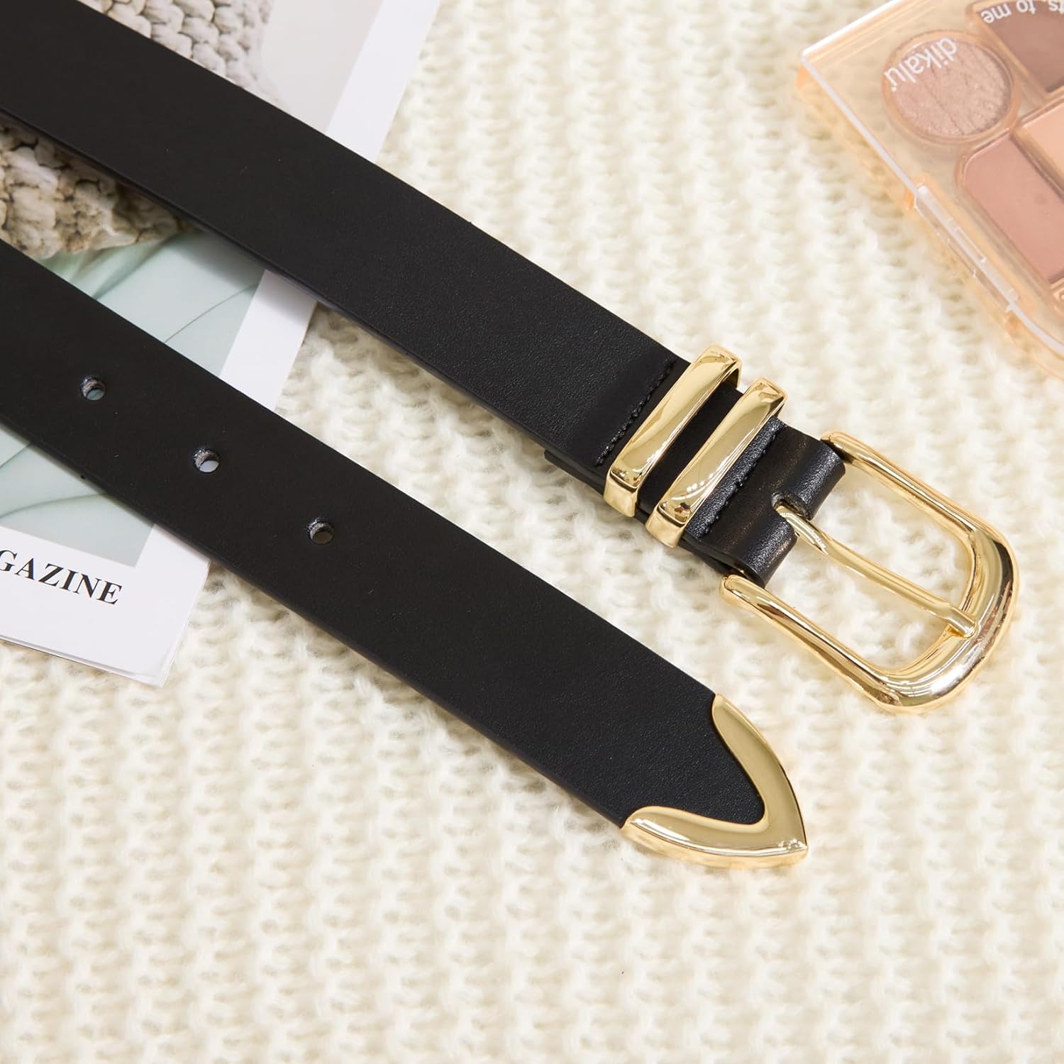 VATAN Women Leather Belt for Jeans Dresses Pants Fashion Ladies Casual Waist Belt with Gold Buckle