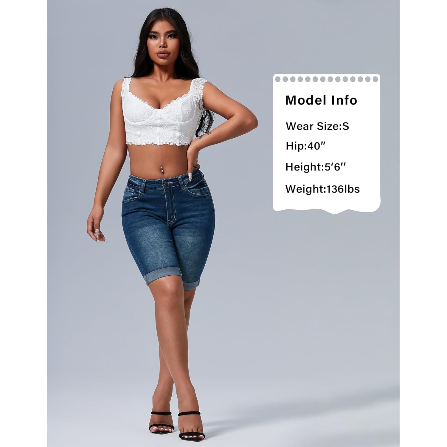 Womens Mid Rise Roll Cuff Bermuda Stretch Denim Jean Shorts
