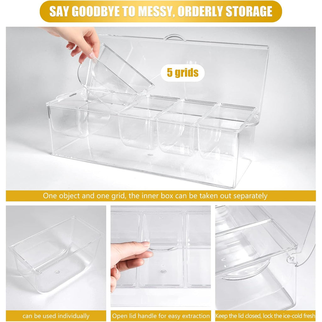 Condiment Tray with Stainless Steel 5 Spoons, 5 Forks and 1 Clip, Chilled Condiment Server, Condiment Server, Bar Garnish Holder on Ice, Bar Accessories Fruit and Salad with Removable Trays and Lid