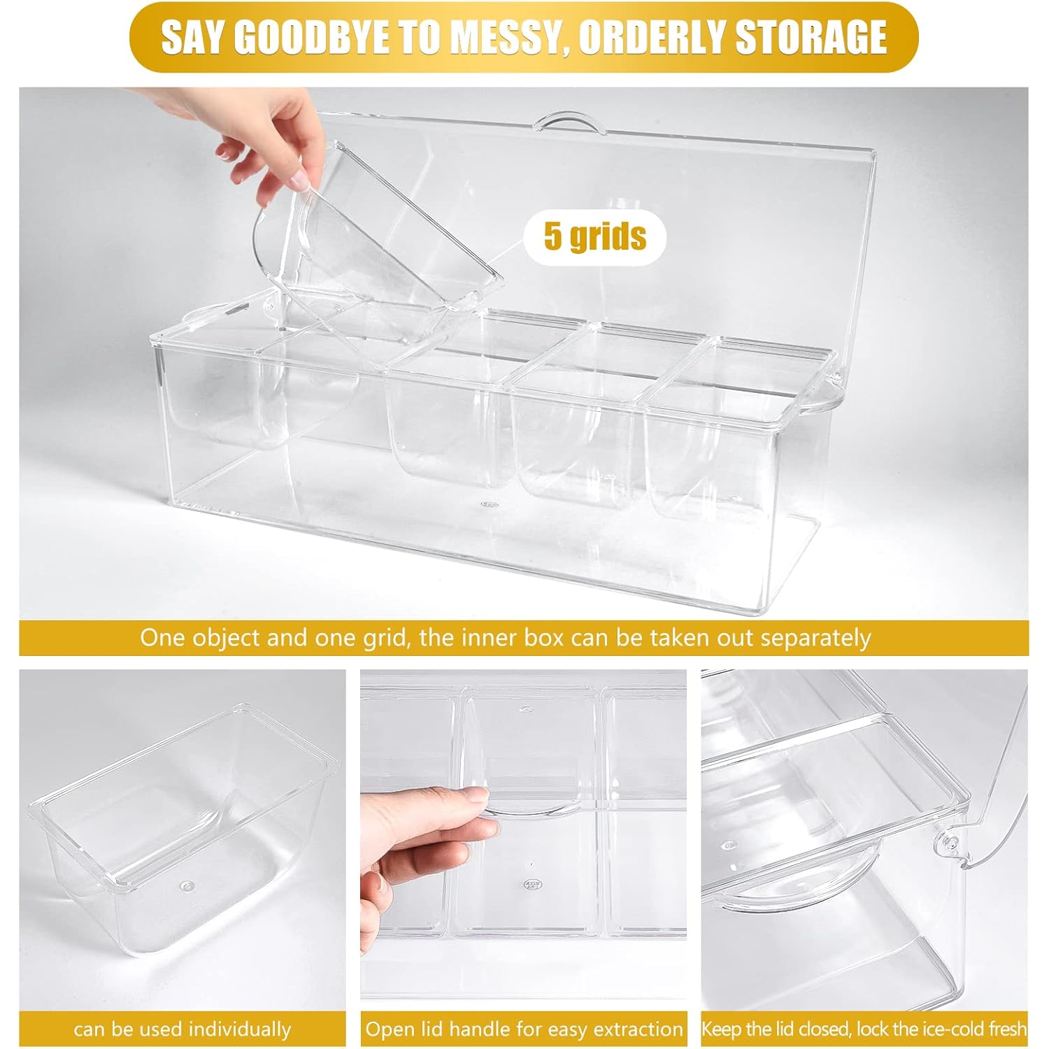 Condiment Tray with Stainless Steel 5 Spoons, 5 Forks and 1 Clip, Chilled Condiment Server, Condiment Server, Bar Garnish Holder on Ice, Bar Accessories Fruit and Salad with Removable Trays and Lid
