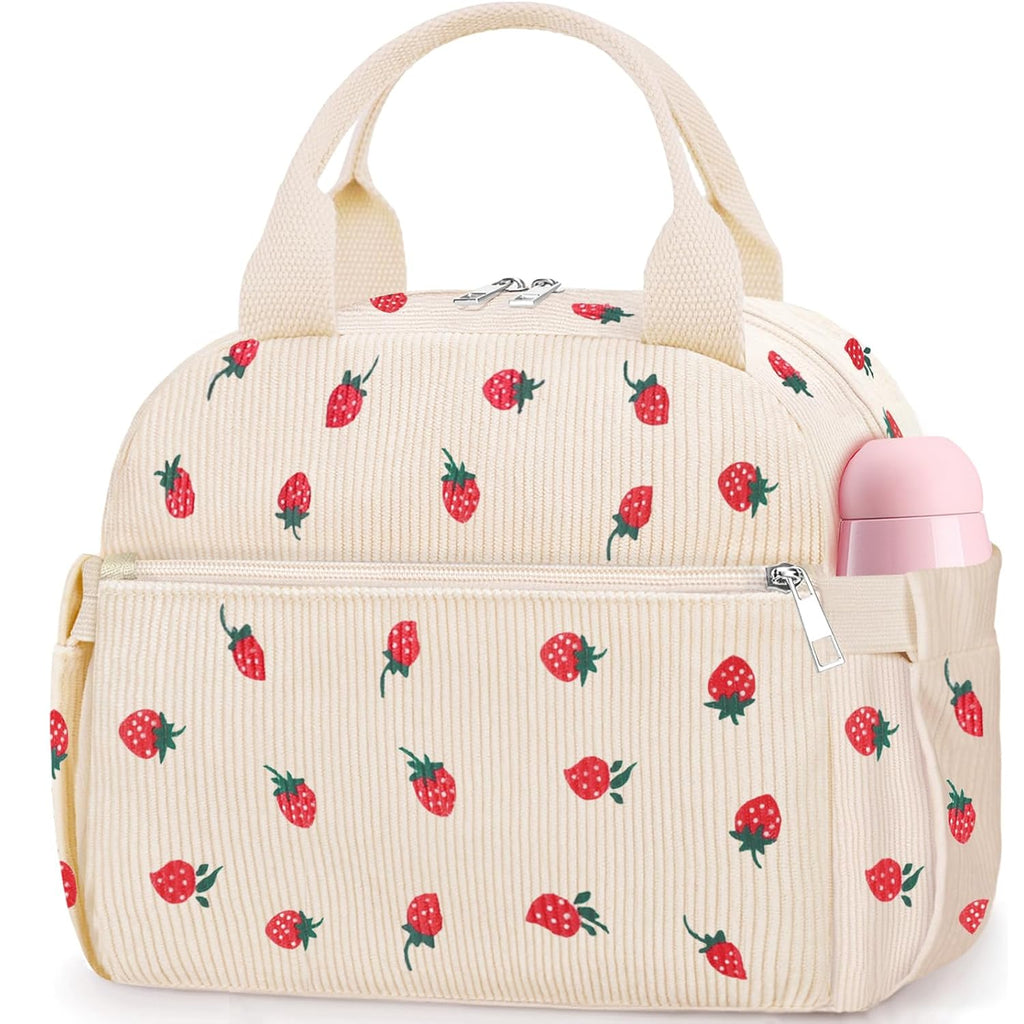 Lunch Box For Women, Cute Strawberry Corduroy Insulated Lunch Bag Women Reusable Work Leakproof Simple Adults Large Lunch Boxes Tote Bag Men Cooler Bag