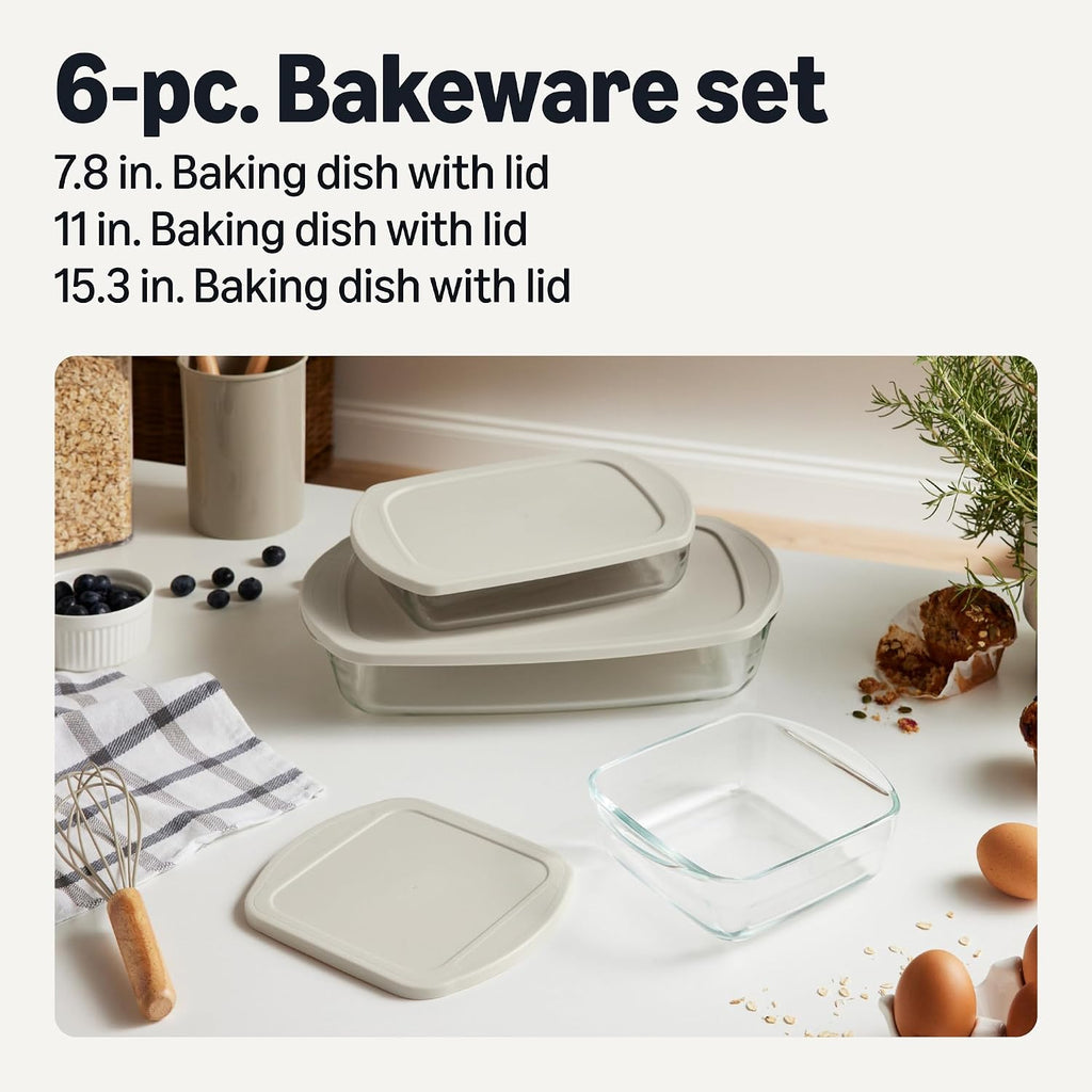 Amazon Basics Glass Baking Dishes With Bpa-Free Lids, 6-Piece Bakeware Set, Borosilicate Glass, Oven-Safe Up To 752°F, Non-Slip And Stackable, Dishwasher-Safe, Linen Gray