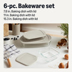 Amazon Basics Glass Baking Dishes With Bpa-Free Lids, 6-Piece Bakeware Set, Borosilicate Glass, Oven-Safe Up To 752°F, Non-Slip And Stackable, Dishwasher-Safe, Linen Gray