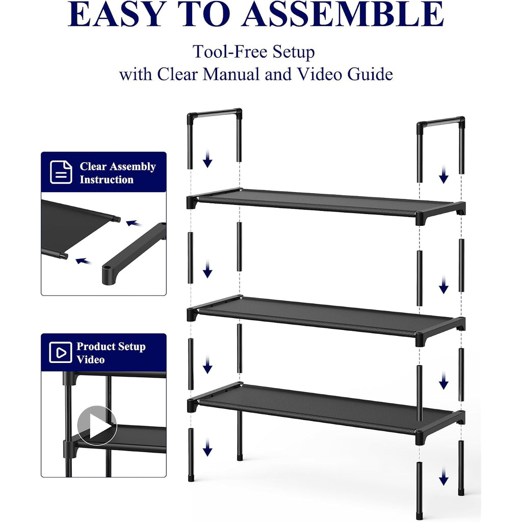 Kitsure Shoe Rack - 3-Tier Shoe Organizer, Shoe Rack For Closet, Entryway, Bedroom, Easy- Assembly Storage Shelf With Side Handles, 27.6" Wide - 3 Tiers, Black