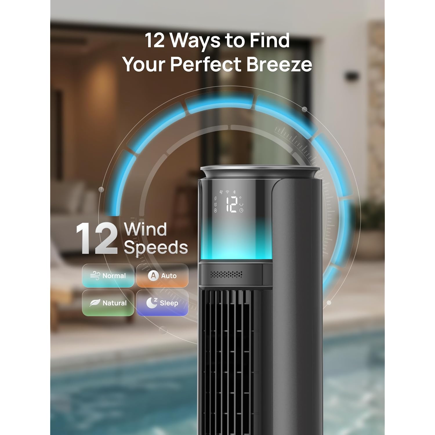 Dreo Smart Tower Fan For Indoor & Outdoor Use, 33 Ft/S High Velocity, 20 Db | 12 Speeds, 4 Modes, 150° Customizable Oscillating Floor Fan, Standing Fan For Bedroom, Weather Resistant, Dc Motor, Grey