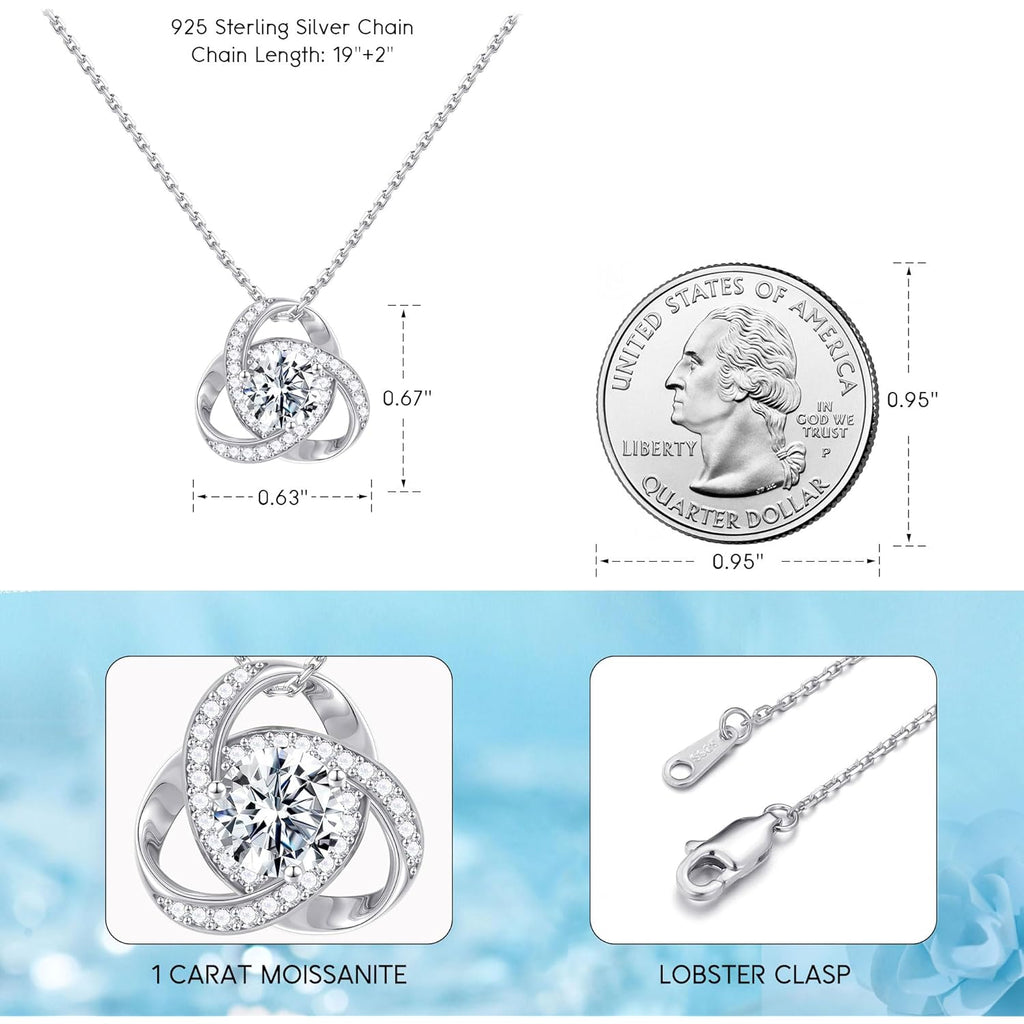 MOOSEA Mothers Day Gifts - 1-3 ct Love Knot Moissanite Necklace, Lab Created Moissanite 925 Sterling Silver Pendant Necklace Anniversary Birthday Gifts for Women Wife Mom Girlfriend Grandma