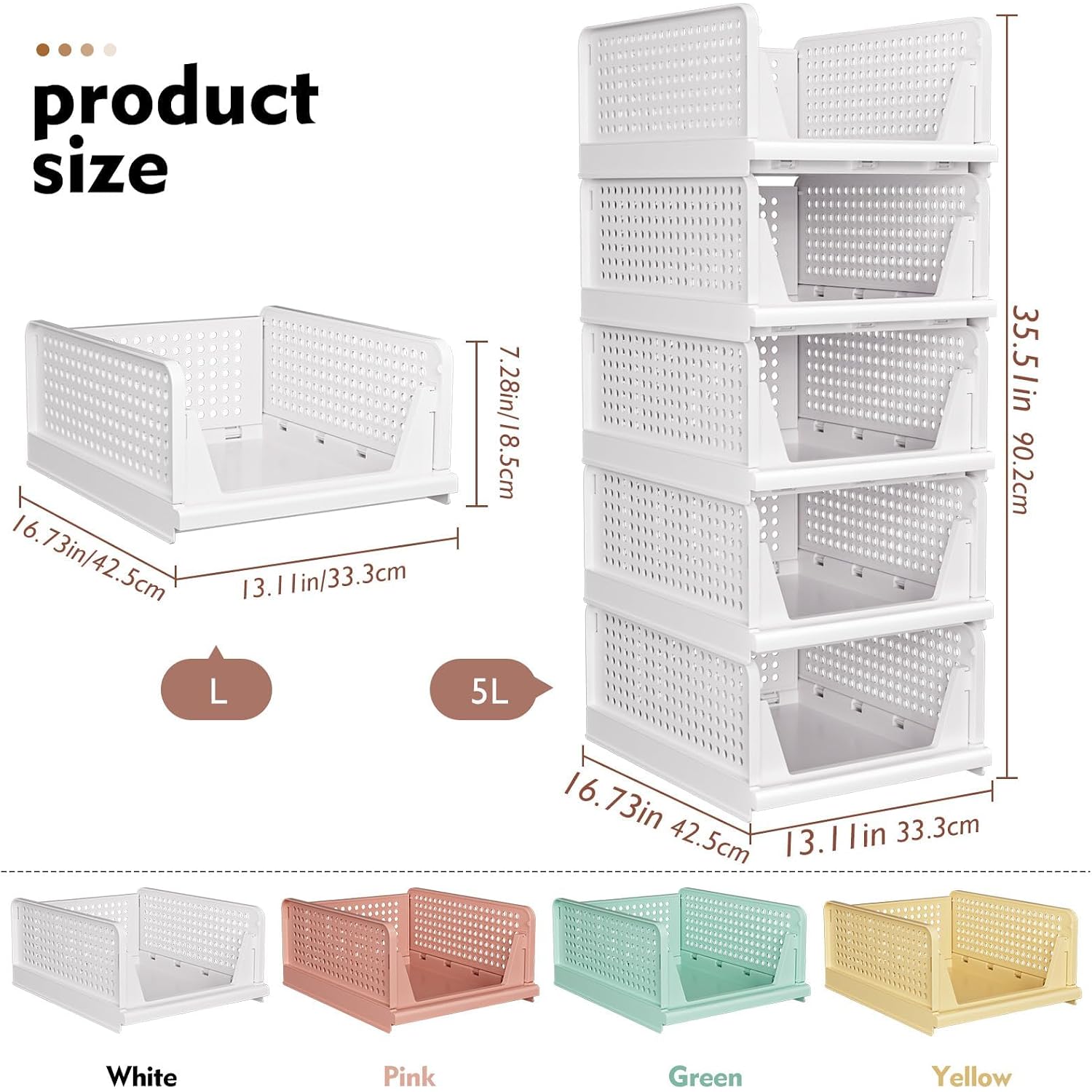Snslxh 5 Pack Stackable Closet Storage Basket, Multifunctional & Foldable Closet Organizer For Bathroom Kitchen Laundry Room Wardrobe Storage, Space-Saving Clothes Storage Drawer Organizer, White