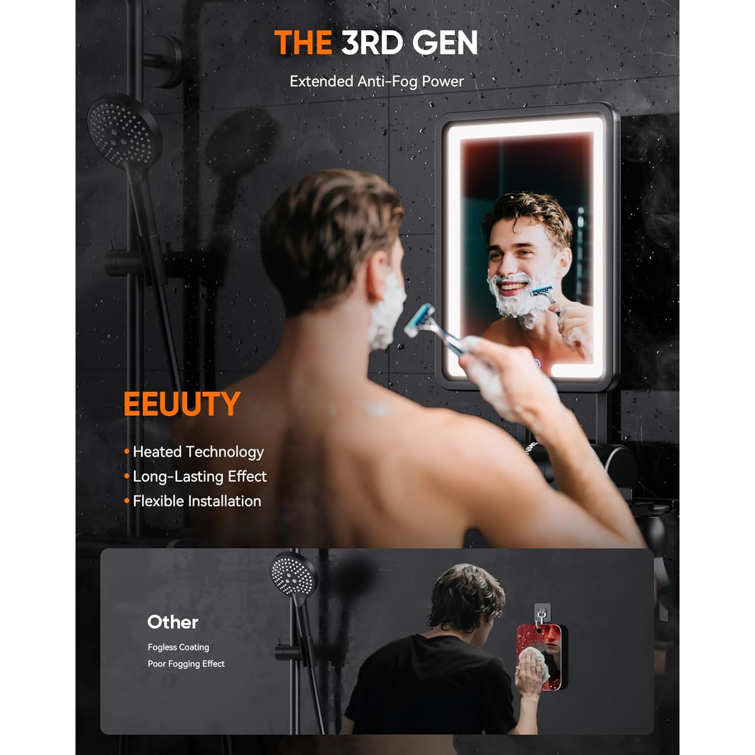 Heated Shower Mirror Fogless For Shaving (Gen 3) - 3 Colors Stepless Dimmable Lights, Anti-Fog Shaving Mirror With Razor Holder, No-Drilling, Removable - Black