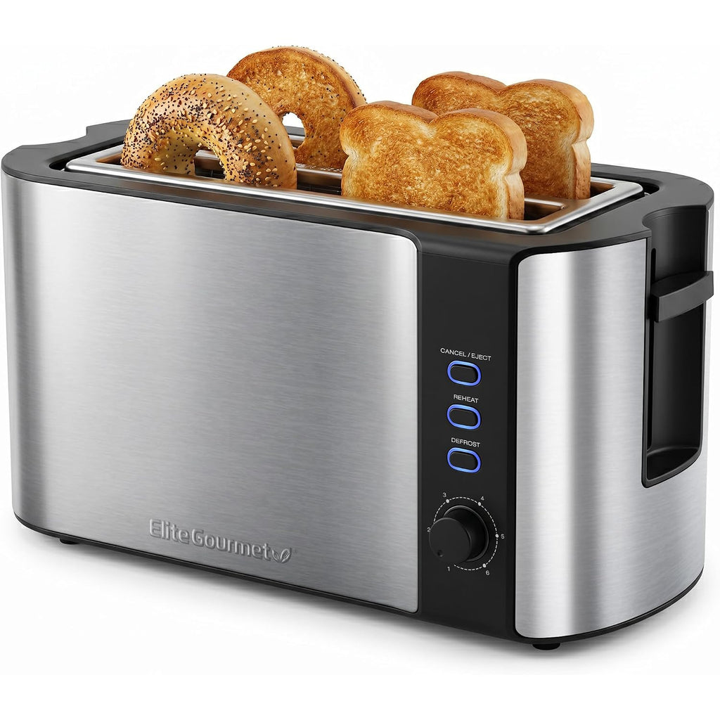 Elite Gourmet Ect-3100 4-Slice Long Slot Toaster | Extra Wide Slots For Bagels, Sourdough & Texas Toast | 6 Browning Settings | Reheat, Defrost & Cancel | Built-In Warming Rack | Stainless Steel