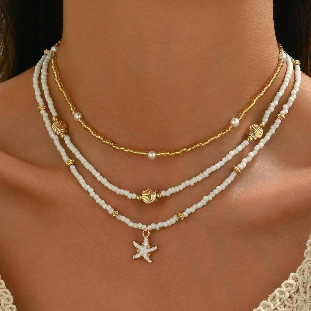 Shell Starfish Necklace for Women, 14k Gold Plated Boho Layered Beaded Charm Pendant Necklace, Dainty Adjustable Pearl Conch Summer Beach Vacation Jewelry Gifts