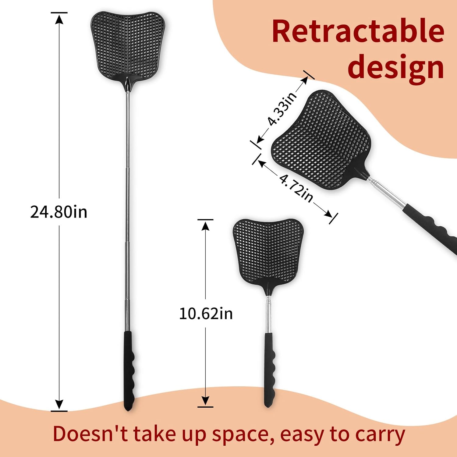 Fly Swatters 2 Pack, Durable Telescopic Stainless Steel Handle, Heavy Duty Black Bug Zapper Racket, Upgraded Plastic Fly Swatter Set For Indoor Outdoor Home Hiking Camping Garden