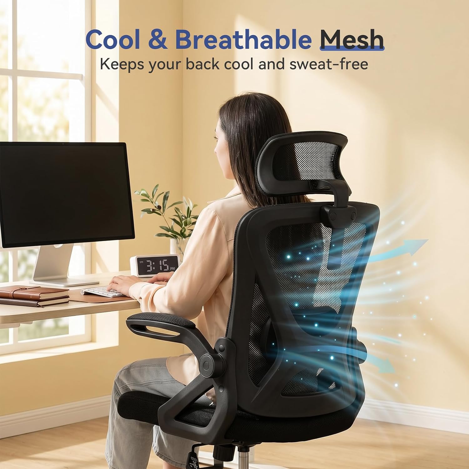 Mesh Office Chair With Adjustable Lumbar Support, Ergonomic High Back Desk Chair With Headrest, Swivel Rolling Computer Chair For Home Office (Black)