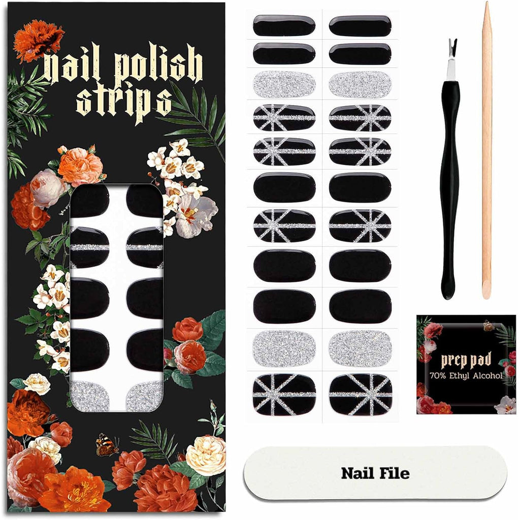 Nail Polish Strips (No UV Lamp Needed) - 22 Pcs Salon Quality Gel Nail Stickers - Long Lasting Wraps (Saint Black Glitter)