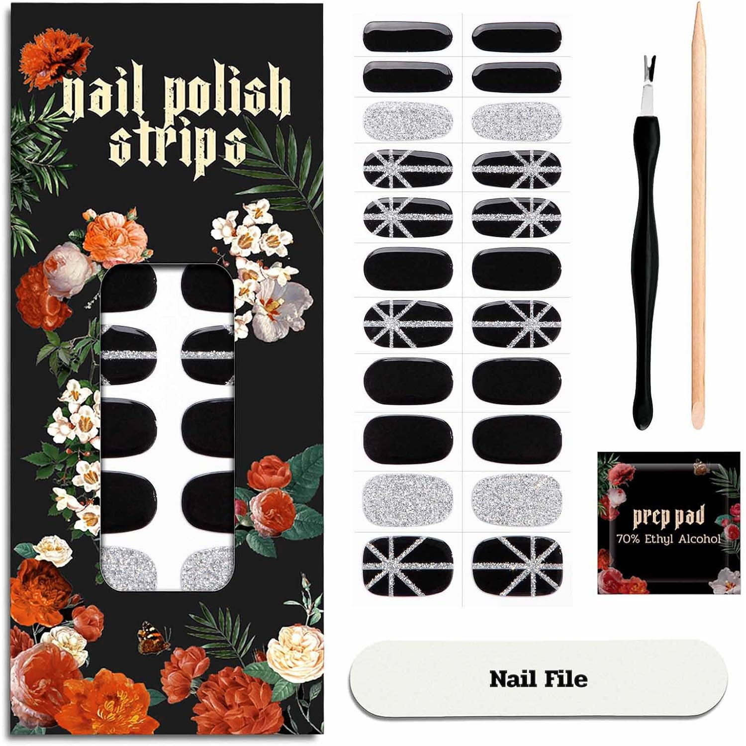 Nail Polish Strips (No UV Lamp Needed) - 22 Pcs Salon Quality Gel Nail Stickers - Long Lasting Wraps (Saint Black Glitter)