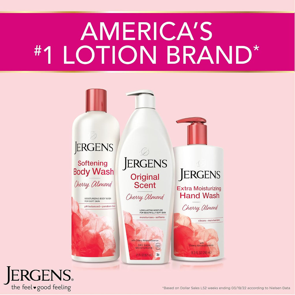Jergens Original Scent Dry Skin Body Lotion, Hand And Body Moisturizer, Cherry Almond Essence, Dermatologist Tested, 32 Oz