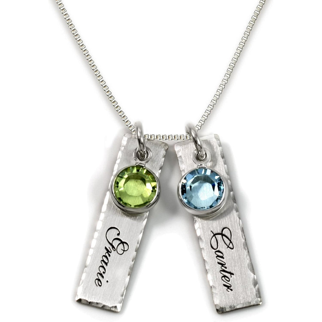 AJ's Collection Unity in Two Personalized Charm Necklace, Customize 2 Sterling Silver Rectangular Pendants with Names of Your Choice, Choose 2 Birthstones, and 925 Chain