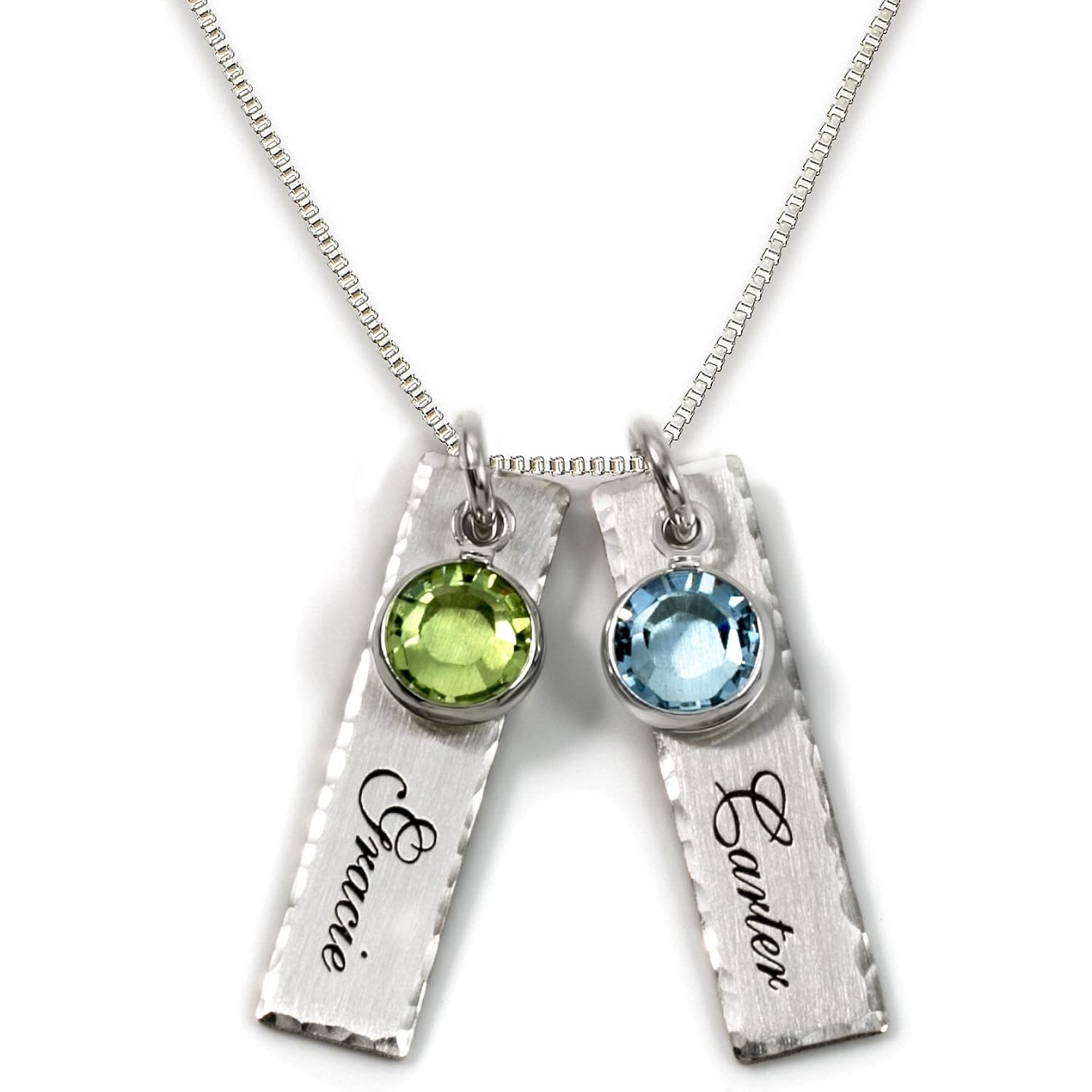 AJ's Collection Unity in Two Personalized Charm Necklace, Customize 2 Sterling Silver Rectangular Pendants with Names of Your Choice, Choose 2 Birthstones, and 925 Chain