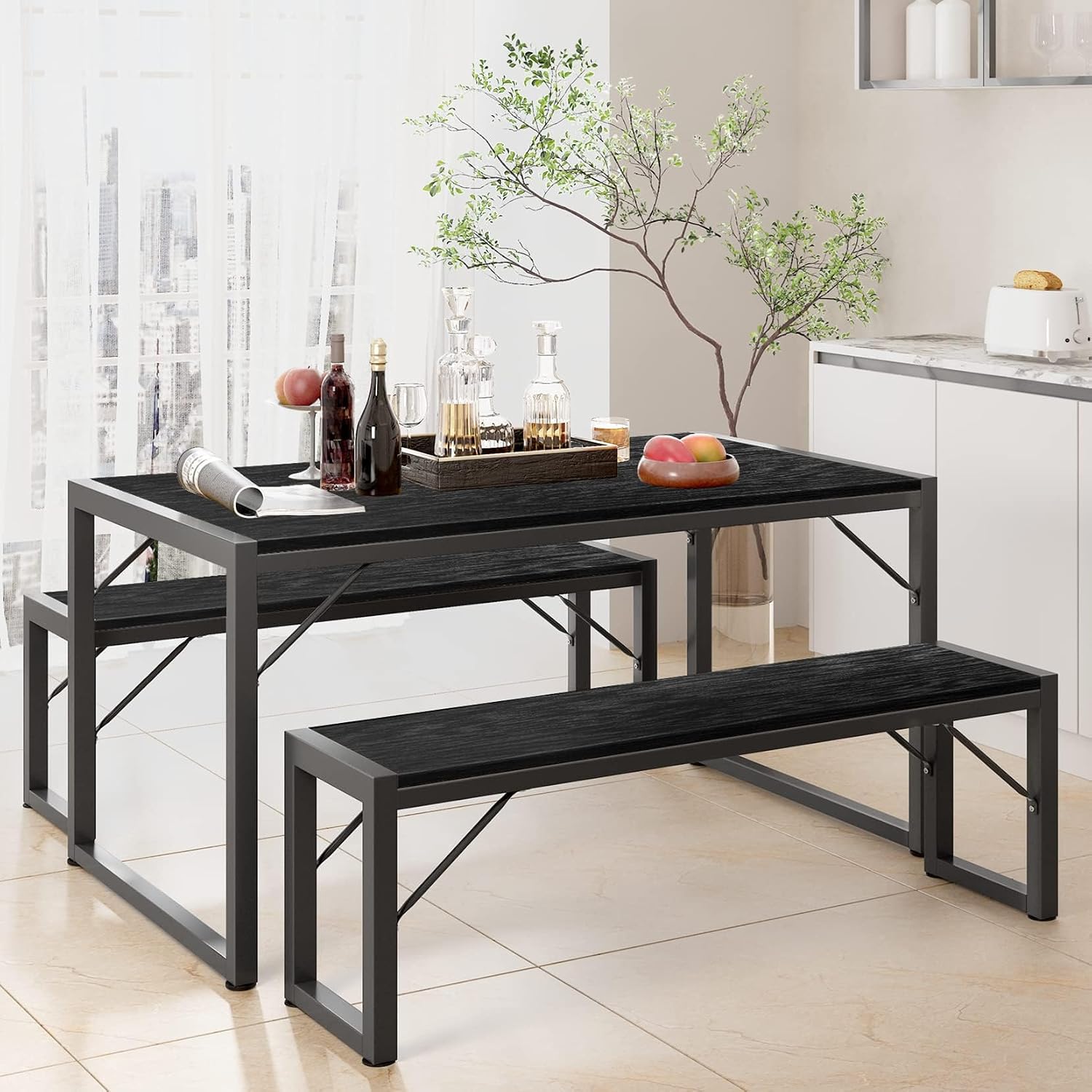 Gizoon 45.5" Dining Table Set For 4 With 2 Benches, Kitchen Table Set With Metal Frame & Mdf Board, Space-Saving Dinette For Kitchen, Dining Room -Black