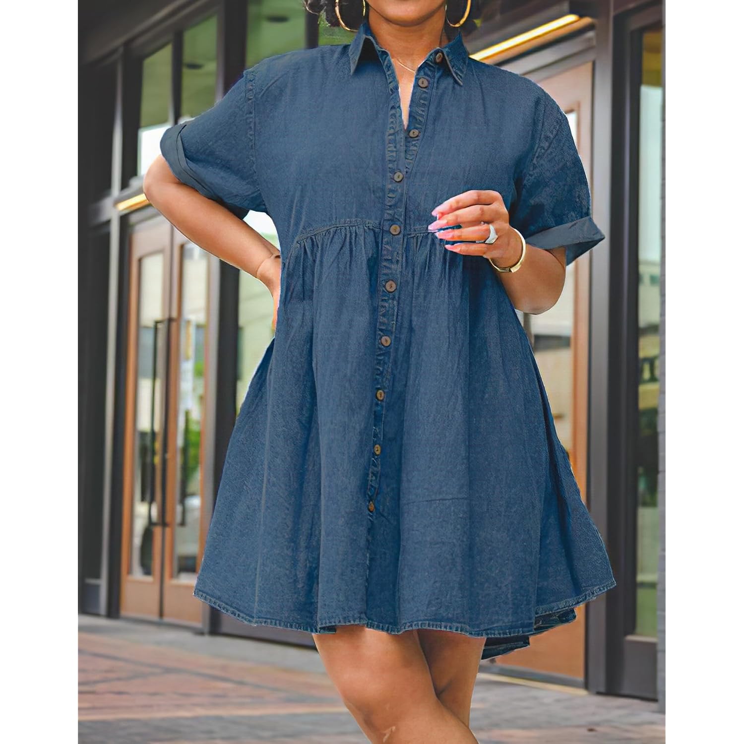 Womens Denim Babydoll Dresses Summer Outfits Button Down Ruffle Tiered Jean Dress