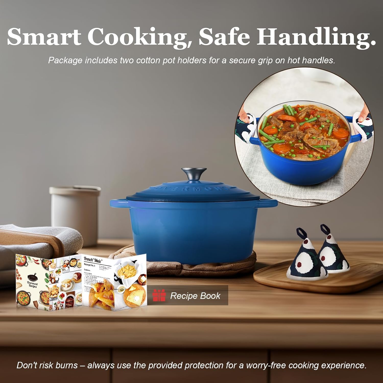 Overmont 7Qt Enameled Cast Iron Dutch Oven With Lid, Large Heavy-Duty Pot For Family Gatherings, Batch Cooking, Roasting, Braising & Sourdough Baking, Cookbook & Cotton Handle Covers