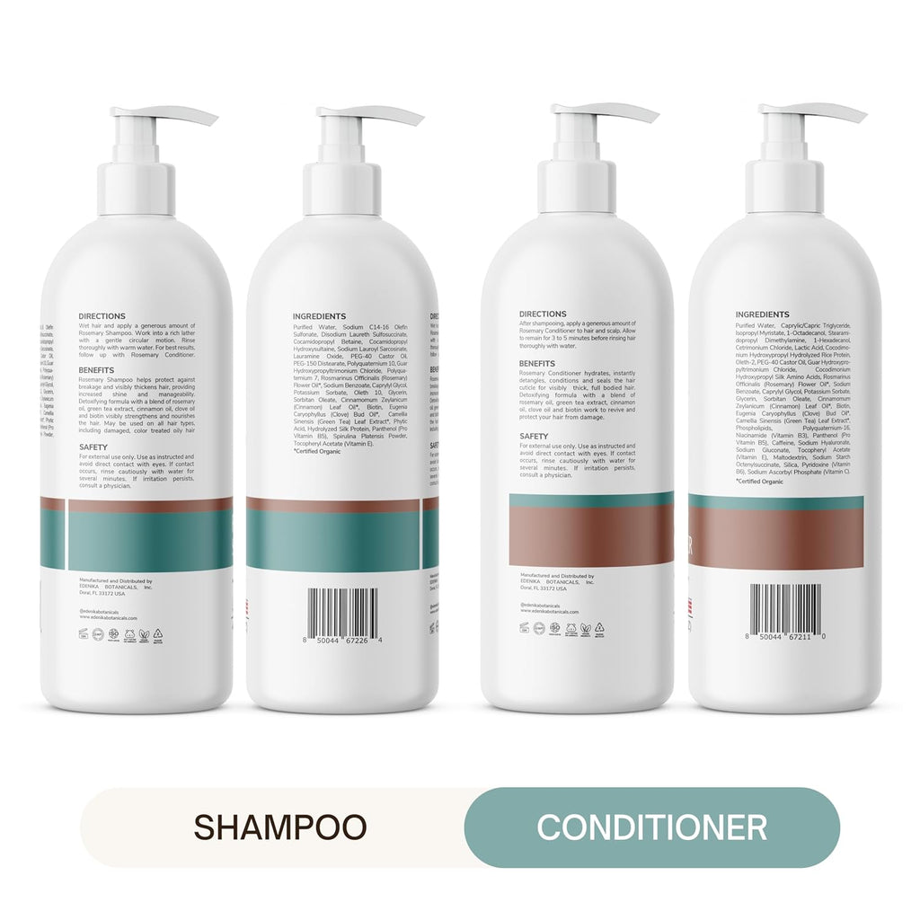 Rosemary Oil Shampoo & Conditioner Set With Biotin & Spirulina For Thinning Hair, Anti-Hair Loss & Strengthening Botanical Formula, Women & Men, Sulfate-Free