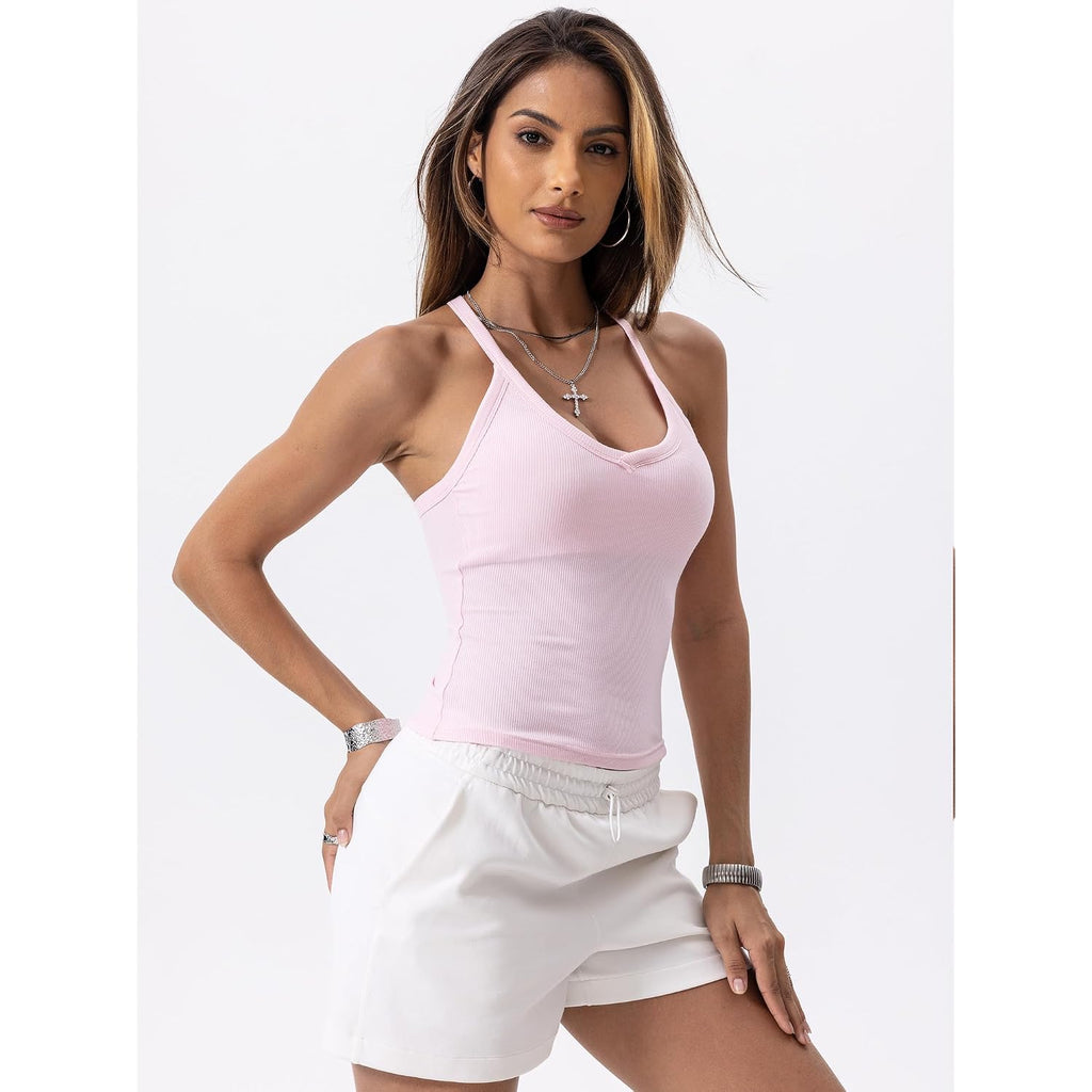 Danysu V Neck Racer Back Tank Top for Women Padded Ribbed Long Tank Fitted Basic Cami Tops