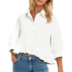 Lomon Womens 3/4 Sleeve Button Down Tops Dressy Casual Collared Shirts Blouses Ruffle Babydoll Tops Loose Fit