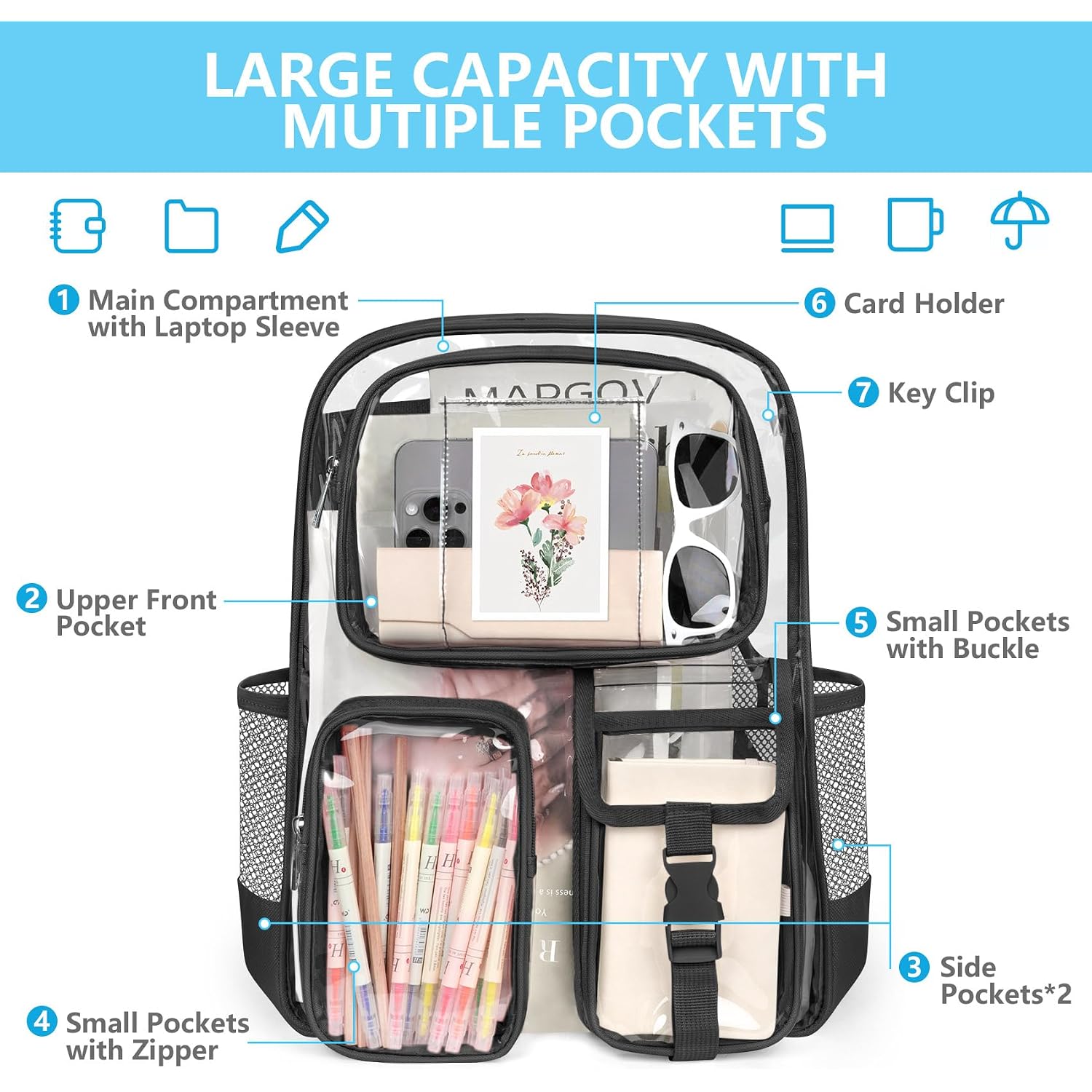 Clear Backpack For School, 17 Inch Heavy Duty Pvc Transparent Bookbag | Reinforced Straps Stitches, Clear Bag For Stadium Events Girls Boys, Large Capacity Backpack For Security College Work Black
