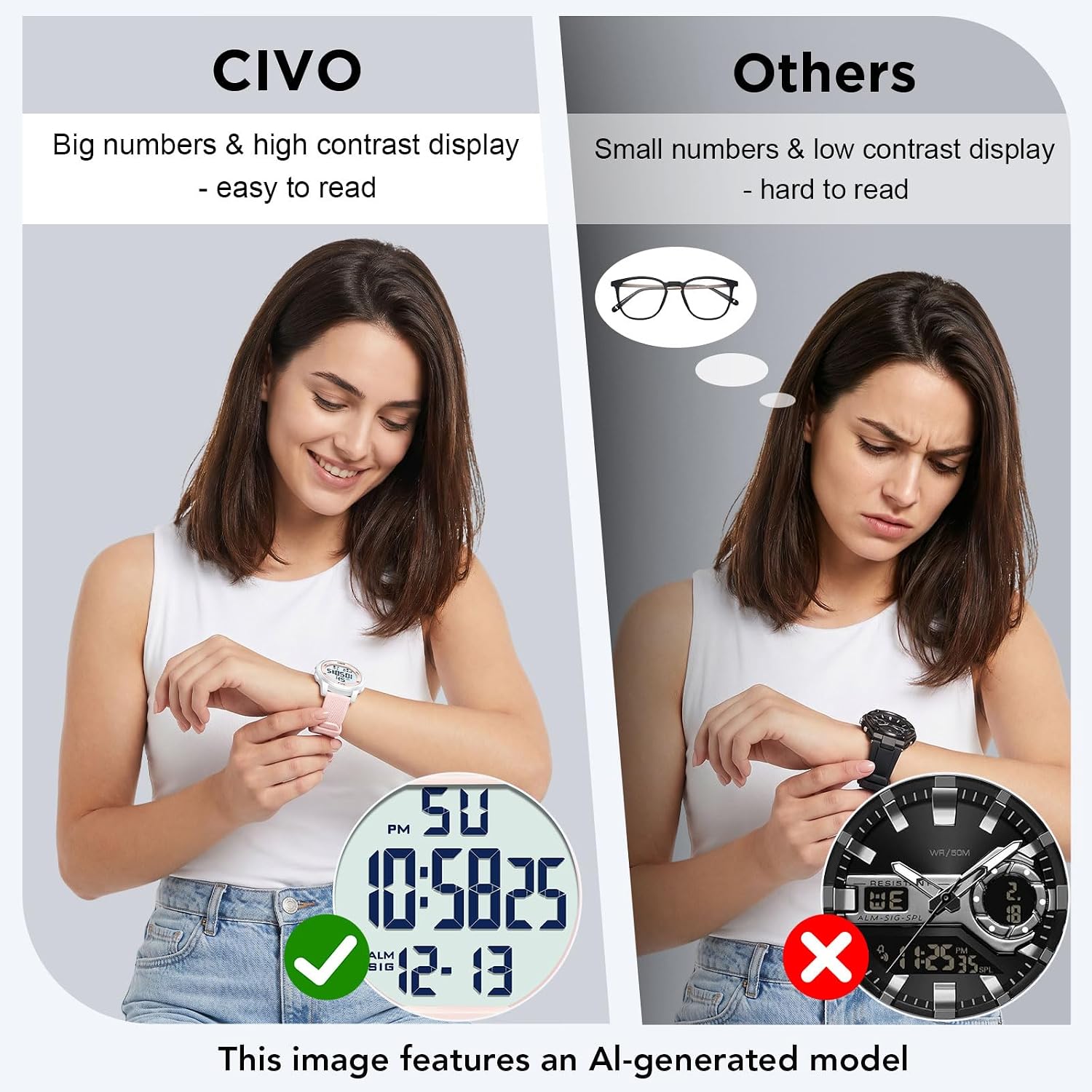 Civo Digital Watches For Women Men: Sports Waterproof Ultra-Thin Big Face Watch Suitable For Larger Wrists - Soft Silicone Wristwatch With Stopwatch Alarm For Outdoor Enthusiast - Running & Hiking