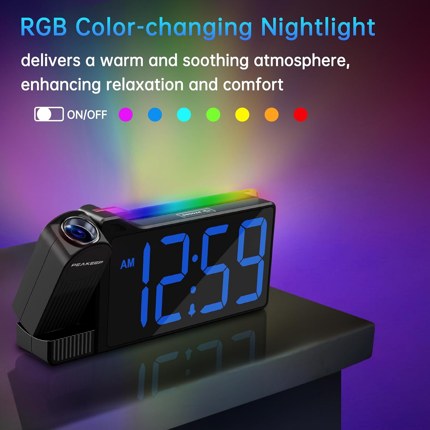 Peakeep Projection Alarm Clock For Bedroom Ceiling With Colorful Nightlight | 180° Rotatable Projector, 5 Brightness Dimmable, Electric Large Number Led Digital Clock With Usb Port Charger For Bedside