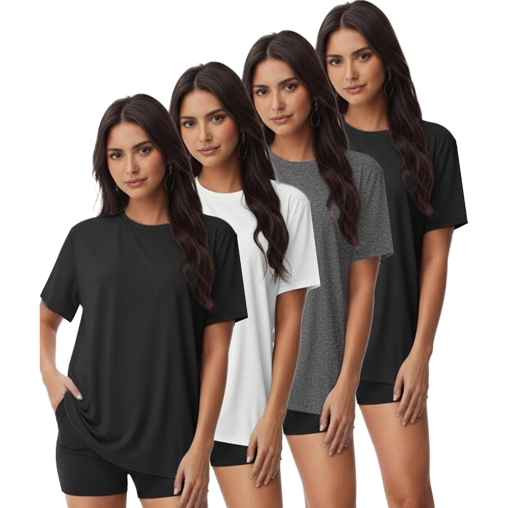 Kinglaman 4 Pack Women Basic T Shirts Tees, Workout Gym Loose Fit Crew Neck Short Sleeve Tshirts Casual Tops