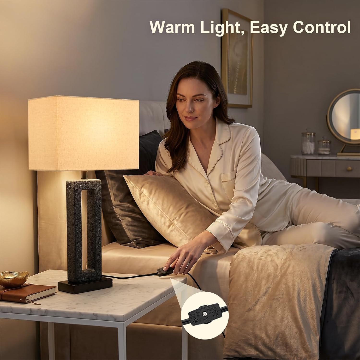 22" Matte Black Textured Ceramic Table Lamps Set Of 2, Modern Bedside Lamps With Linen Shade, 5Ft Cord Inline Rotary Gear Switch E26 Nightstand Lamp For Bedroom Living Room Entryway Decor